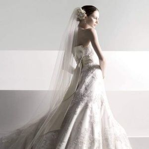 Oleg Cassini allover lace a-line halter ivory